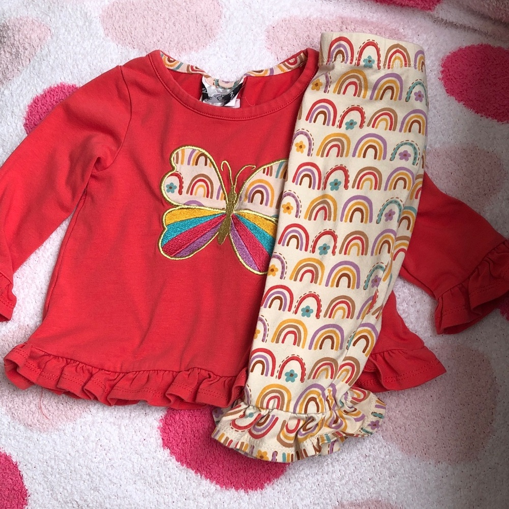 Colorful Butterfly Top and Rainbow Leggings Set